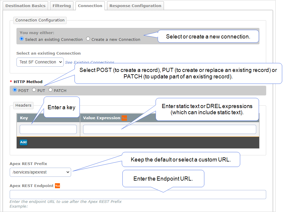 Shows how to configure the connection tab for the Salesforce Apex REST Data Destination. 